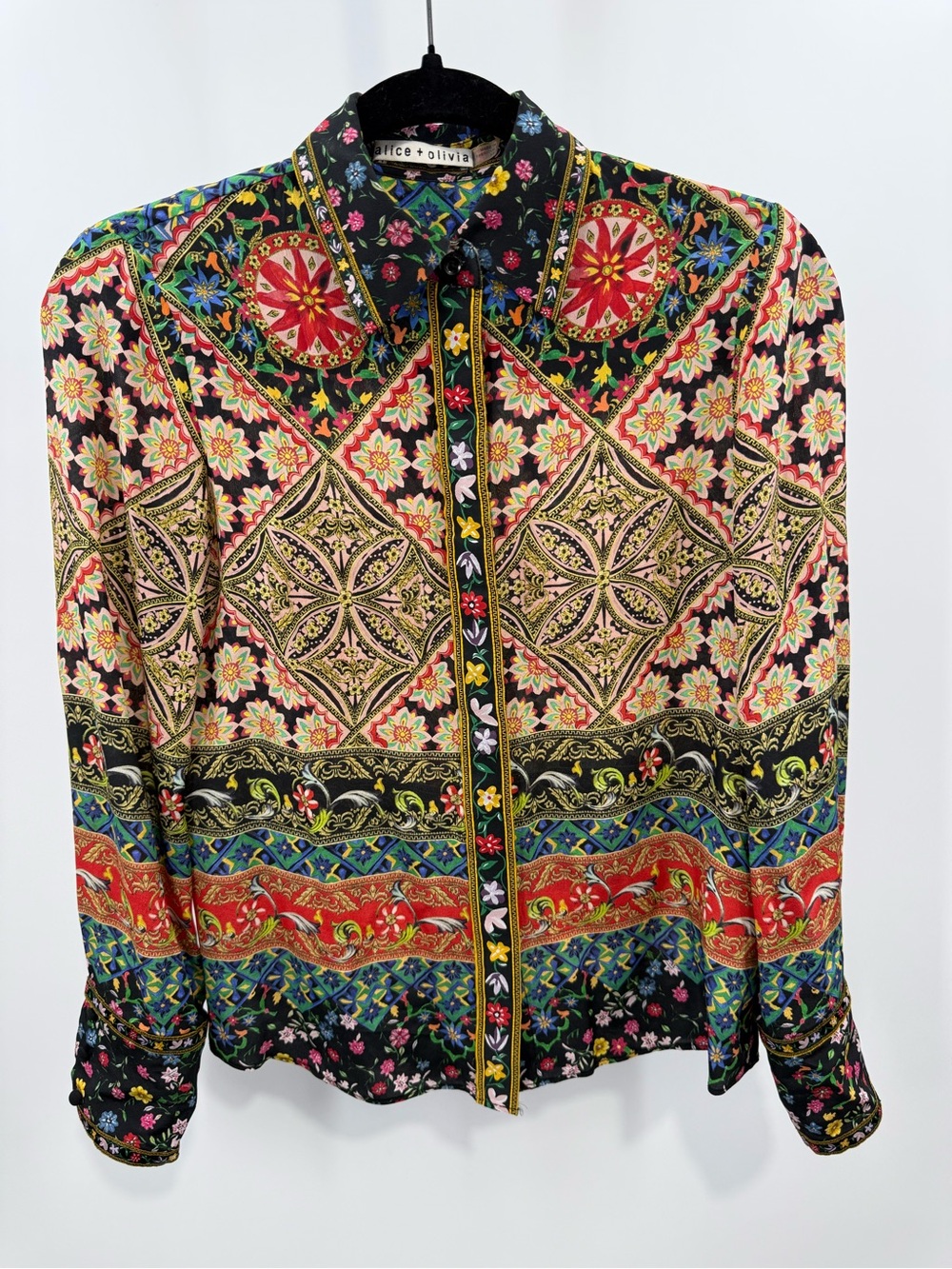 Alice + Olivia Willa Renzo Tile Print Silk Blouse Embroidered Floral Size XS